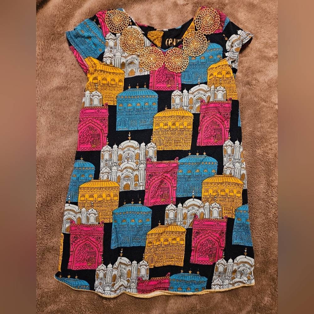 Vibrant Kids Dress with Architectural Print